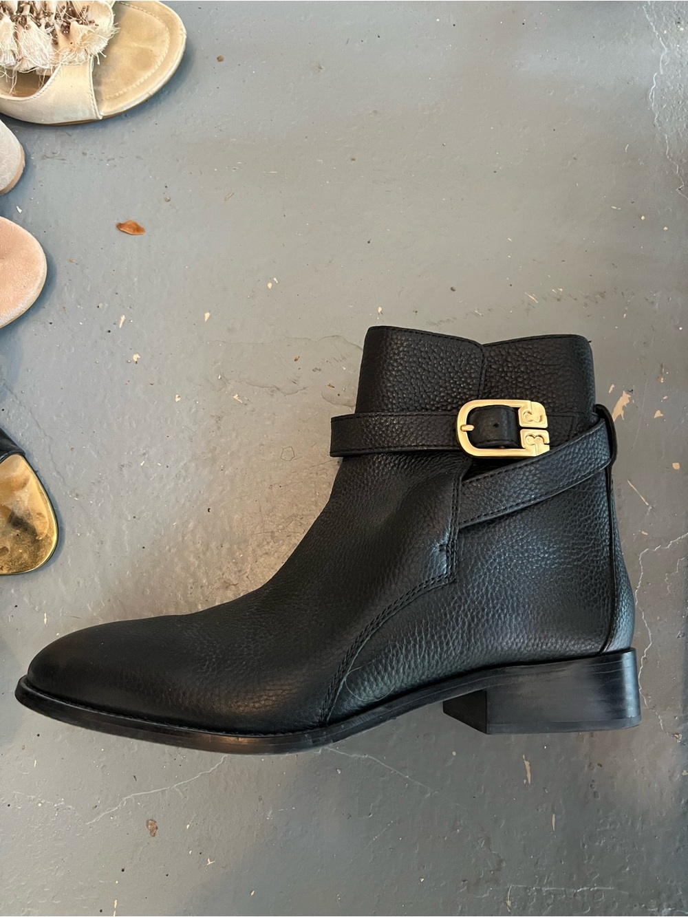 Tory Burch Black Leather Ankle Boot with Gold Buckle
